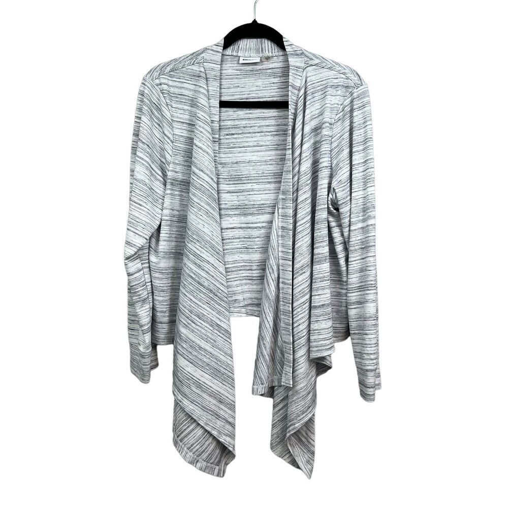 DKNY Draped Cardigan Sweater Collarless Open Front Striped Gray White Women L*